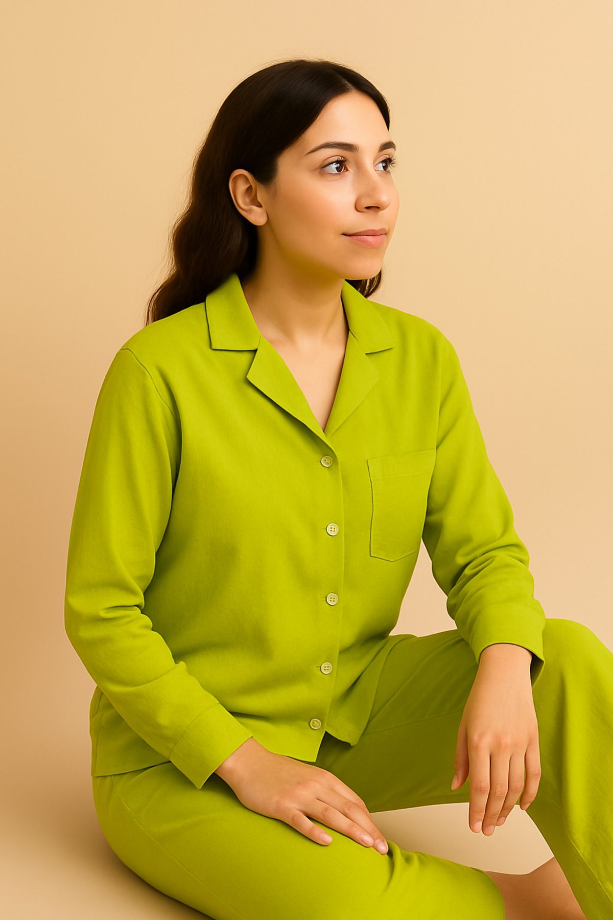 Kadın Limon Yeşili Düz Kesim Düğmeli Gömlek Takım