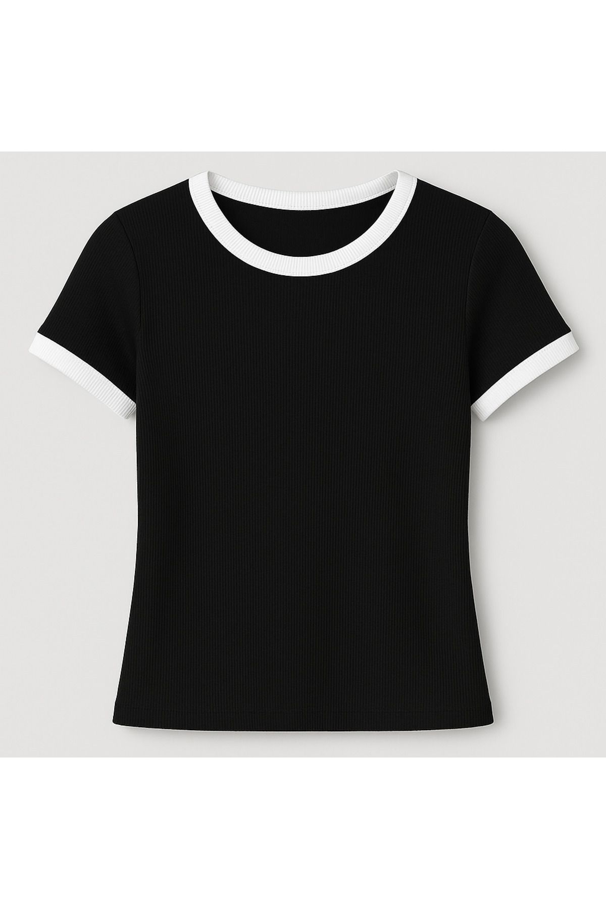 Kadın Siyah Beyaz Ribana Detaylı Slim Fit Tişört Standart Beden