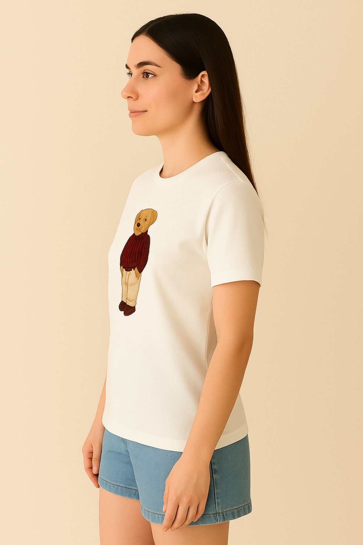 Giyim Ayıcık Baskılı Beyaz Unisex Tişört