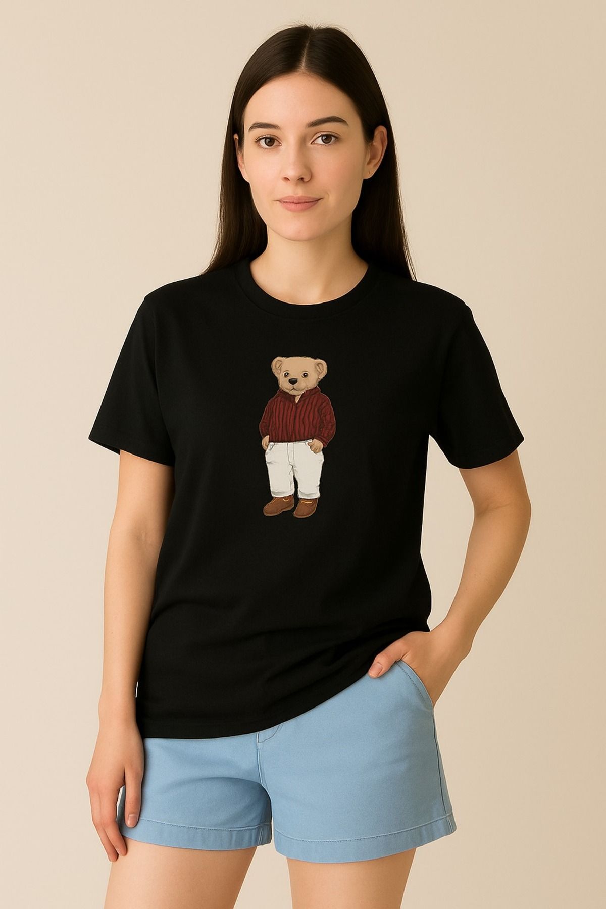 Siyah Ayıcık Baskılı Unisex Tişört – Rahat Kesim %100 Pamuk