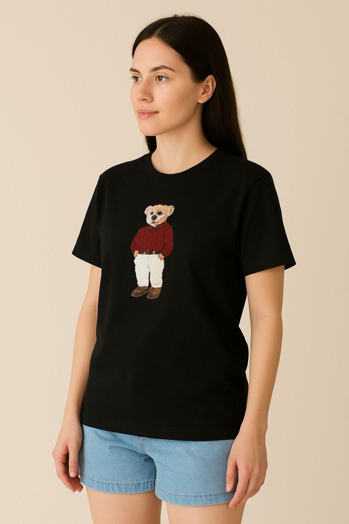 Siyah Ayıcık Baskılı Unisex Tişört – Rahat Kesim %100 Pamuk