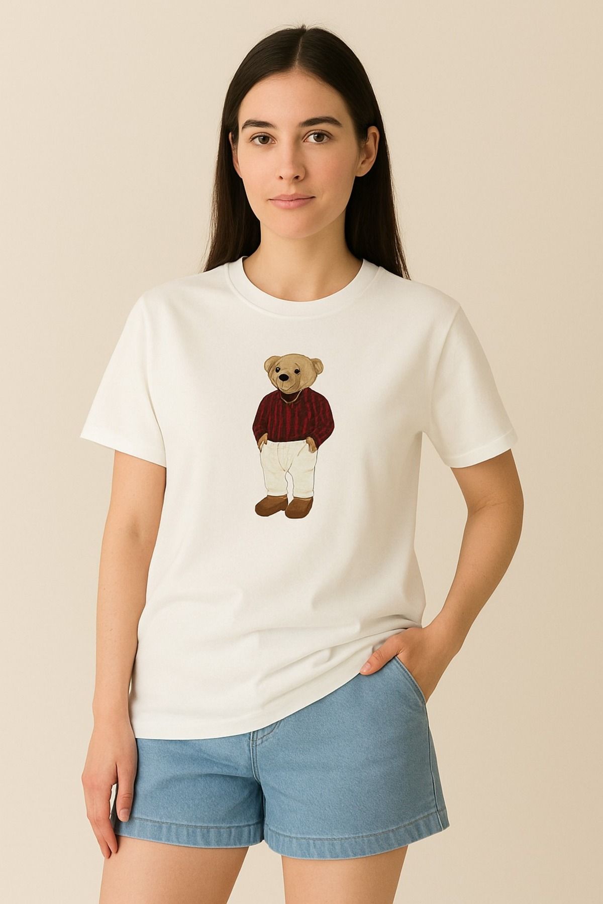 Giyim Ayıcık Baskılı Beyaz Unisex Tişört
