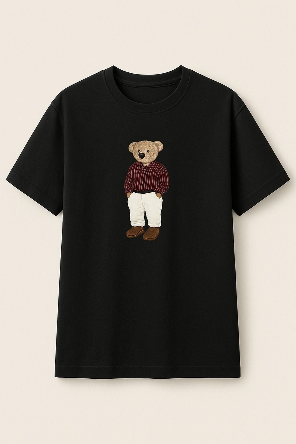 Siyah Ayıcık Baskılı Unisex Tişört – Rahat Kesim %100 Pamuk