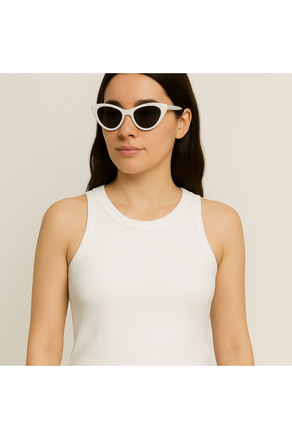 Kadın Beyaz Yüksek Yaka Ribana Atlet – Slim Fit